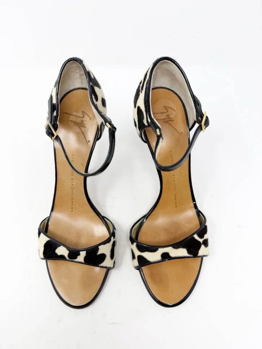 Giuseppe Zanotti Black White Pony Hair Ankle Strap Heels Womens Size 7.5